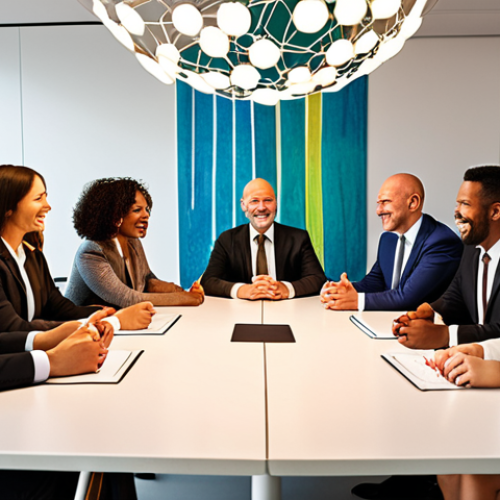 **

Prompt: A diverse group of business people from around the world sitting around a conference table, some smiling and nodding. The background is an abstract representation of interconnectedness, like a network of lights or a globe made of diverse textures. Emphasize collaboration, empathy, and understanding through body language. Style: Clean, modern, corporate, warm lighting.

**