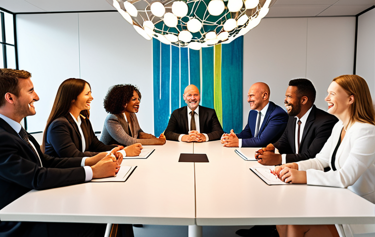 **
Prompt: A diverse group of business people from around the world sitting around a conference table, some smiling and nodding. The background is an abstract representation of interconnectedness, like a network of lights or a globe made of diverse textures. Emphasize collaboration, empathy, and understanding through body language. Style: Clean, modern, corporate, warm lighting.
**