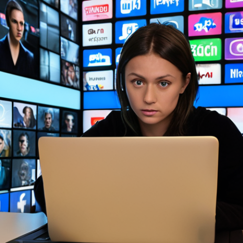 **

A person working on a laptop, surrounded by glowing digital screens showing social media feeds, news articles, and online reviews. The scene is vibrant and slightly chaotic, with a sense of urgency and focus. The overall impression should be one of actively managing and monitoring online reputation. Consider using French social media platform logos like "Dailymotion" or "Le Bon Coin" on the screens for local relevance. The color palette should be modern and tech-focused.

**