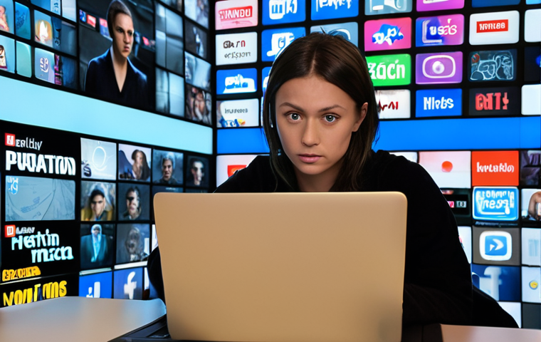 **
A person working on a laptop, surrounded by glowing digital screens showing social media feeds, news articles, and online reviews. The scene is vibrant and slightly chaotic, with a sense of urgency and focus. The overall impression should be one of actively managing and monitoring online reputation. Consider using French social media platform logos like "Dailymotion" or "Le Bon Coin" on the screens for local relevance. The color palette should be modern and tech-focused.
**