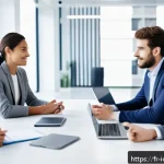 Home 23 국제커뮤니케이션 취업 인터뷰 준비 - A professional international business meeting scene in a modern European office, featuring a diverse...