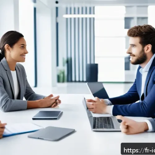 Home 17 국제커뮤니케이션 취업 인터뷰 준비 - A professional international business meeting scene in a modern European office, featuring a diverse...